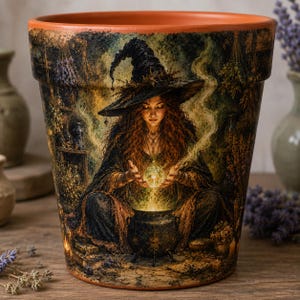 May include: A terracotta plant pot featuring a detailed illustration of a witch with long red hair and a pointed hat, sitting before a black cauldron. The witch holds a glowing orb in their hands, with wisps of smoke rising from the pot.