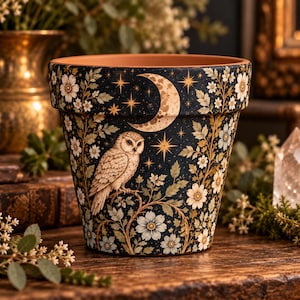 May include: A terracotta plant pot featuring a dark blue exterior decorated with a cream-colored owl perched on a branch, a crescent moon, golden stars, and white floral patterns with green leaves wrapping around the entire surface.