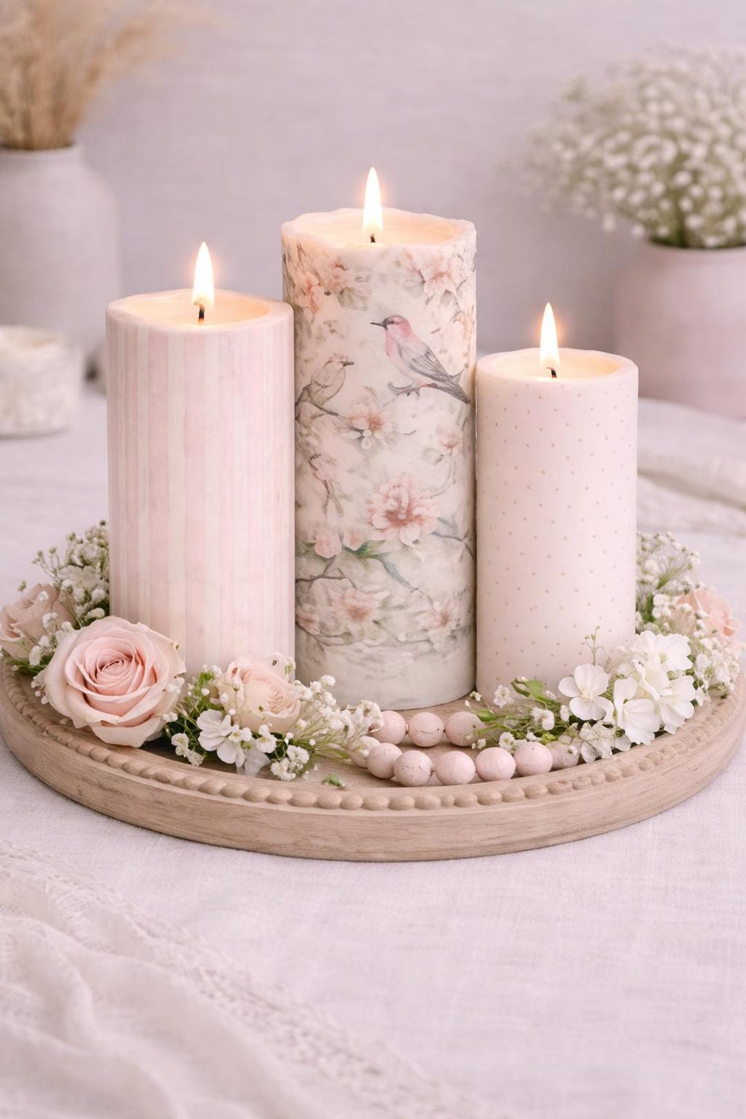 Pink Flameless Pillar Candle Set of 3, Blush Stripe Bird Floral Candles ...