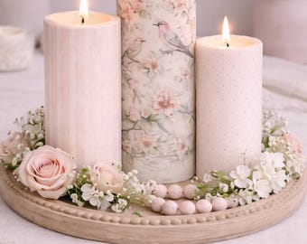Juego de 3 velas de pilar sin llama rosas, velas florales con diseño de pájaros y rayas ruborizadas, decoración de habitación infantil estilo shabby chic, centro de mesa para habitación de niña.