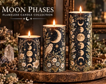Flameless Candles Set of 3, Moon Phase Candles, Celestial Pillar Candles, LED Candles, Witchy Home Decor, Gothic Decor, Moon Decor