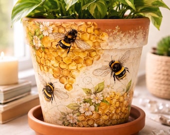 Maceta con diseño de abeja y decoupage, con platillo opcional / Maceta de terracota de 10 cm / Acabado mate vintage suave / Decoración de abeja para jardín rústico