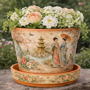May include: A decorative terracotta flower pot with a matching saucer, filled with a variety of flowers. The pot features a painted Asian-inspired scene with figures, a pagoda, and floral details. The pot is sitting on a stone surface.