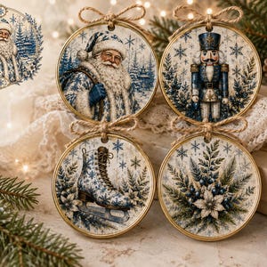 May include: Four round wooden Christmas ornaments featuring blue and white winter illustrations. The designs include a bearded Santa Claus, a nutcracker soldier, an ice skate, and a floral arrangement of poinsettias and pine branches.