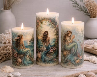 Juego de velas sin llama de sirena / Trío de velas LED de pilar de 10, 13 y 15 cm / Decoración costera de playa / Regalo con temática oceánica / Decoración de sirena