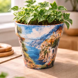 Amalfi Coast Hand-Painted Terracotta Planter / Mediterranean Coastal Flower Pot / Italian Seaside Decor / Coastal Scenery Planter