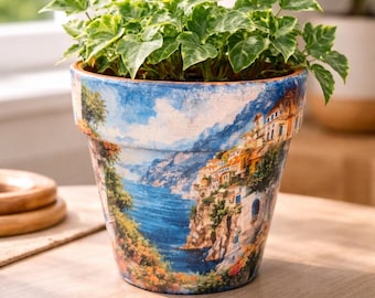 Maceta de terracota pintada a mano de la Costa Amalfitana / Maceta costera mediterránea / Decoración costera italiana / Maceta con paisaje costero