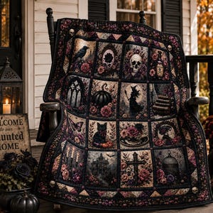 May include: A rectangular quilt featuring a grid of sixteen panels with dark gothic imagery including a skull, a black cat, a pumpkin, a witch, a raven, a cross, and floral motifs in shades of black, purple, and deep red with a decorative border.