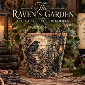 May include: A terracotta plant pot featuring a detailed graphic print of a black raven, a full moon, a black cat, and dark roses. The text reads: The Raven's Garden, Plant, Decorate, Be Inspired, and A Touch of Magic for Your Garden and Home.
