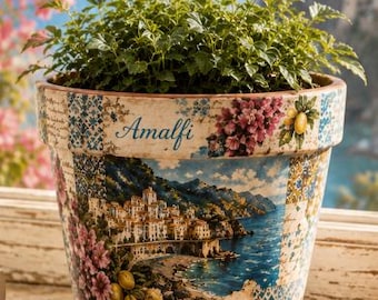 Maceta de terracota pintada a mano de la Costa Amalfitana / Maceta costera mediterránea / Decoración costera italiana / Maceta con paisaje costero