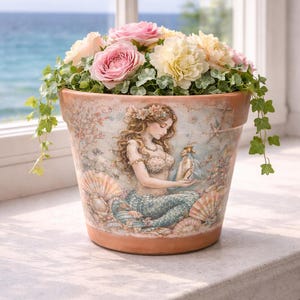 May include: A terracotta flower pot with a hand-painted mermaid design, filled with pink and yellow roses and green ivy. The mermaid is depicted with long flowing hair and a seashell bra, holding a bottle. The pot is sitting on a windowsill.