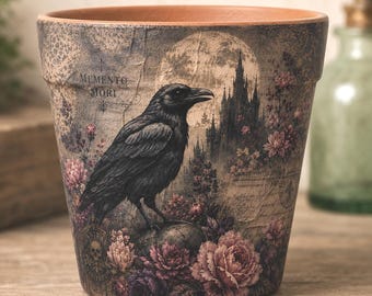 Maceta Cuervo Gótico – Maceta de arcilla hecha a mano con decoupage, decoración gótica Memento Mori, maceta pequeña para suculentas, regalo de estilo Dark Academia, maceta con forma de cuervo