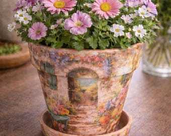 Jardinière de découpage avec soucoupe florale Toscane Village | Pot en terre cuite de 4 po. | Décoration de jardin à l'italienne | Style vintage, finition mate douce