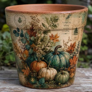Fall Harvest Decoupage Clay Pot Planter, Handmade Pumpkin Flower Pot, Rustic Autumn Terracotta Planter, Cottagecore Plant Pot, Fall Gift