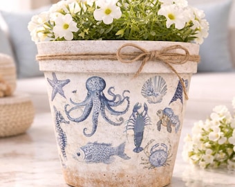 Maceta de barro con decoración náutica azul y blanca / Maceta de terracota de 4 pulgadas / Decoración costera de playa / Regalo hecho a mano l Maceta de barro con temática marina