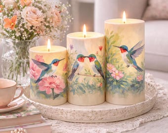 Juego de velas sin llama de colibrí / Velas LED de pilar con diseño floral / Decoración primaveral para el hogar / Regalo para amantes de las aves / Vela sin llama de colibrí