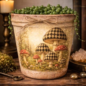 May include: A decorative terracotta pot with a whimsical mushroom design. The pot features a forest scene with red and black checkered mushrooms. A string of green beads spills over the rim, tied with a twine bow. The pot is approximately 7 inches in height.