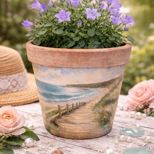 May include: A terracotta flower pot with a hand-painted beach scene, filled with vibrant purple flowers. The pot is decorated with a coastal landscape design. A straw hat and pink rose are in the background.