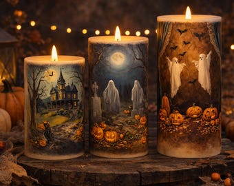 Vela sin llama de Halloween / Vela de casa embrujada / Velas de pilar LED / Vela de fantasma / Arte folclórico de Halloween / Centro de mesa espeluznante / Vela espeluznante