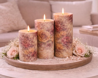 Shabby Chic Flameless Candle Set, Vintage Floral LED Pillar Candles, Grungy Flameless Candle,  Rustic Wedding Centerpiece, Victorian Candle