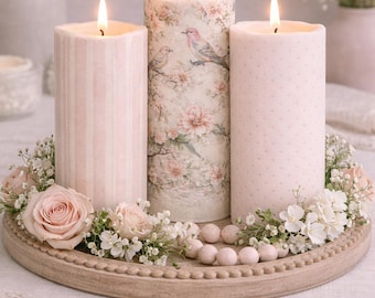 Pink Flameless Pillar Candle Set of 3, Blush Stripe Bird Floral Candles, Shabby Chic Nursery Decor, Baby Girl Room Centerpiece