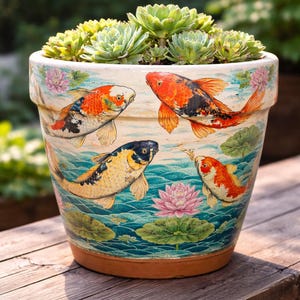 May include: A round terracotta planter featuring a painted design of orange, white, and black koi fish swimming among blue water waves, green lily pads, and pink lotus flowers. The pot is filled with a cluster of green succulent plants.