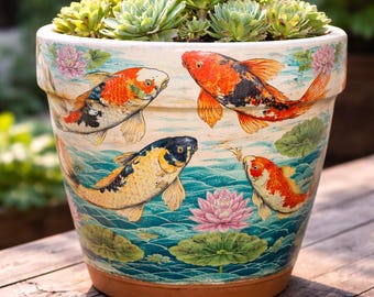 Maceta de arcilla con decoupage de peces koi / Maceta de terracota hecha a mano / Maceta de interior de inspiración asiática / Regalo para amantes de la jardinería / Regalo para amantes de los peces