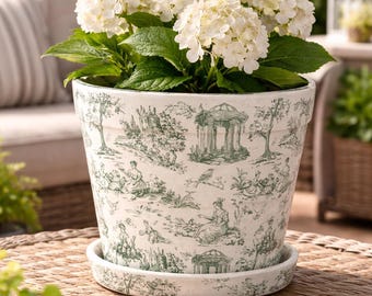 Pot de fleur en argile de servitude en toile verte avec soucoupe - Jardinière vintage de campagne française - Pot en argile botanique - Décoration d'intérieur d'apothicaire européen