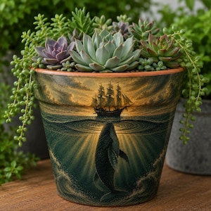 May include: A terracotta planter featuring a dark green and gold illustration of a whale swimming beneath a sailing ship on the ocean. The pot is filled with a variety of green and purple succulents, including trailing string of pearls.