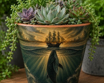 Maceta con diseño de ballena marina, maceta náutica para suculentas, decoración de estilo costero, maceta de arcilla con motivos marítimos, pequeño regalo oceánico para amantes de las plantas.