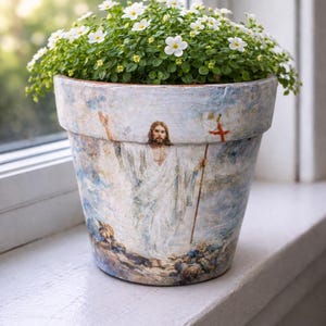 Jesus Decoupage Clay Pot Planter / Spiritual Gift /  Christian Terracotta Pot / Christian Gift For Her / Gardner Gift / Farmhouse Gift