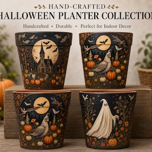 May include: Four dark-colored planters featuring Halloween-themed illustrations including a haunted house, a ghost, birds, pumpkins, and bats against a full moon. The text reads HAND-CRAFTED HALLOWEEN PLANTER COLLECTION, Handcrafted, Durable, Perfect for Indoor Decor.