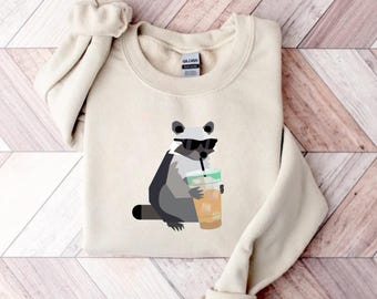 Funny Raccoon Drinking Iced Coffee Sweatshirt, Animal Meme Graphic Tee, Raccoon Drinking Iced Coffee Shirt, Gift for Men