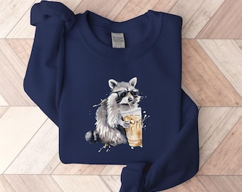 Funny Raccoon Drinking Iced Coffee Sweatshirt, Animal Meme Graphic Tee, Raccoon Drinking Iced Coffee Shirt, Gift for Men