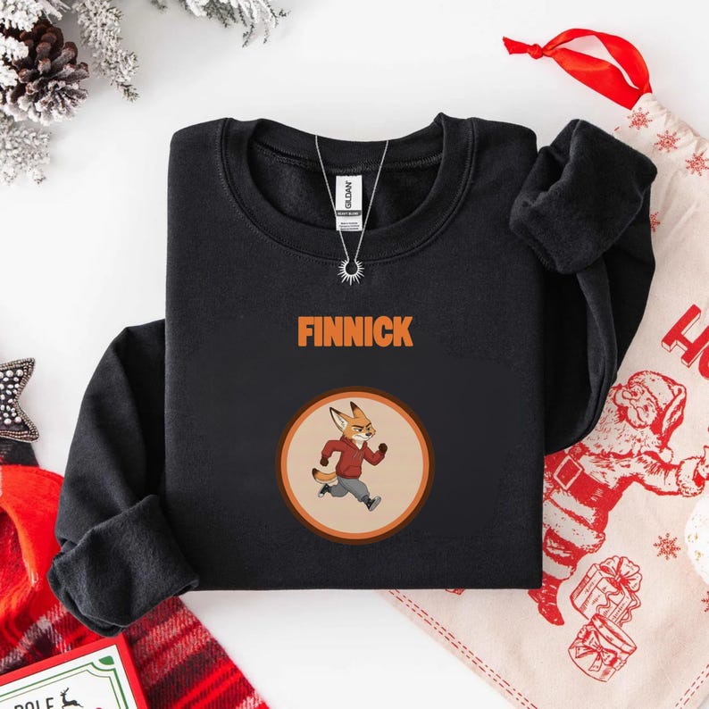 Op de afbeelding: Zwart sweatshirt met de naam "FINNICK" in oranje letters. Daaronder een ronde afbeelding van een cartoonvos met een rode jas en een grijze broek. De vos rent. Een zilveren ketting is zichtbaar.