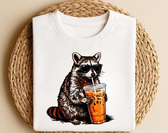 Funny Raccoon Drinking Iced Coffee Shirt, Animal Meme Graphic Tee, Gift for Men, Women