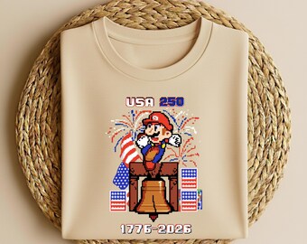 Camiseta del 250 aniversario de Mario, camiseta patriótica de Mario 1776-2026, camiseta del Día de la Independencia de EE. UU. de Mario, camiseta de fuegos artificiales del 4 de julio de Mario