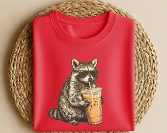Funny Raccoon Drinking Iced Coffee Shirt, Animal Meme Graphic Tee, Gift for Men, Women