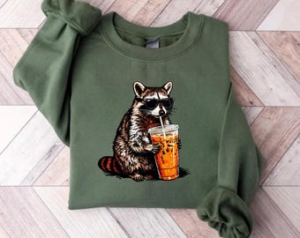 Funny Raccoon Drinking Iced Coffee Sweatshirt, Animal Meme Graphic Tee, Raccoon Drinking Iced Coffee Shirt, Gift for Men