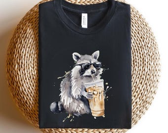 Funny Raccoon Drinking Iced Coffee Shirt, Animal Meme Graphic Tee, Gift for Men, Women