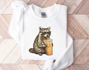 Funny Raccoon Drinking Iced Coffee Sweatshirt, Animal Meme Graphic Tee, Raccoon Drinking Iced Coffee Shirt, Gift for Men