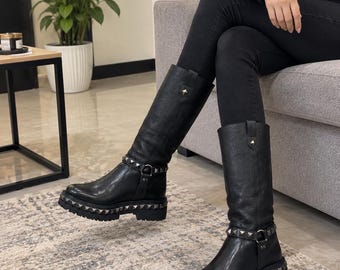 Women’s Black Tall Boots | Studded Leather Look Boots | Alternative Gothic Footwear |  Rocker Biker Style | Christian Louboutin Inspired