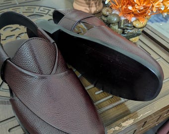Men’s Brown Leather Sandals, Handmade Leather Shoes, Traditional Peshawari Chappal, Slip On Dress Shoes, Genuine Leather Footwear