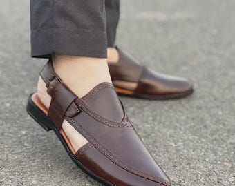 Handcrafted Brown Leather Men's Peshawari Sandals | Traditional Kaptaan Style Shoes | Formal Casual Comfort Footwear