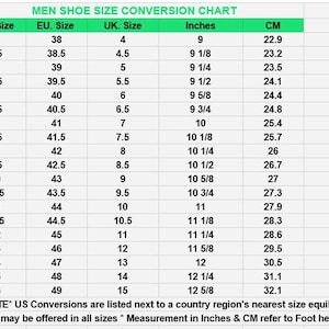 May include: A shoe size conversion chart for men, with US, EU, and UK sizes, inches, and centimeters. The chart includes sizes from US 5 to 16, with corresponding EU, UK, inch, and cm measurements. The text at the top reads "MEN SHOE SIZE CONVERSION CHART."