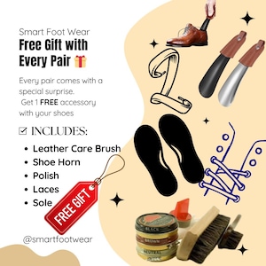 May include: A collection of shoe care accessories including a brown leather shoe, two shoe horns with leather handles, black shoe soles, a wooden leather care brush, and three round tins of shoe polish labeled black, brown, and neutral.