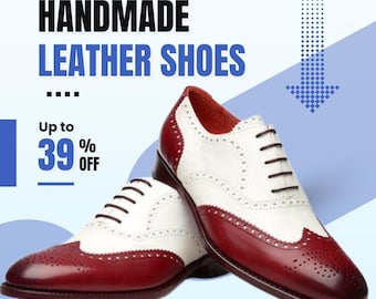 Men's Two-Tone Maroon Leather Oxford Brogue Dress Shoes | Wingtip Formal Footwear