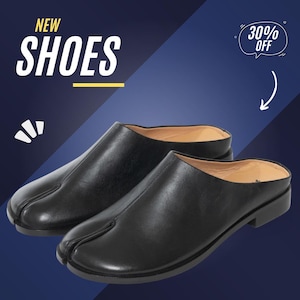 May include: A pair of black leather split-toe shoes with a low heel. The shoes have a unique design with a separate section for the big toe. The image also includes the text "NEW SHOES" and a "30% OFF" promotion.