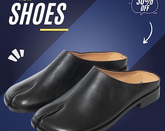 Mules Tabi de cuero negro / Pantuflas sin cordones con puntera dividida / Calzado minimalista