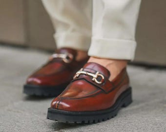 Mocasines Horsebit de cuero marrón hechos a mano – Zapatos de vestir italianos con suela gruesa y suela gruesa